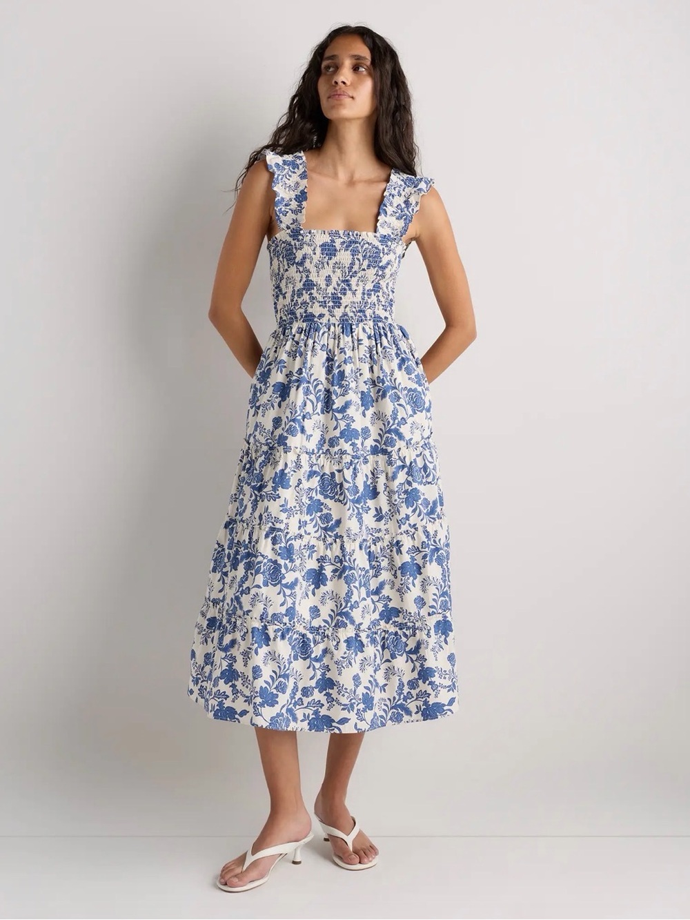 Quince Riviera Blue Heirloom Floral Cotton Poplin Smocked Tiered Midi Dress L